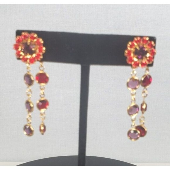 Red Hat Society Dangle Earrings Red Purple Gold Tone Chandelier Pierced - Picture 6 of 16